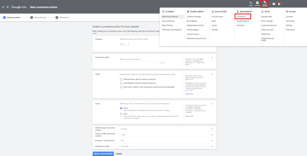 google ads conversion set up