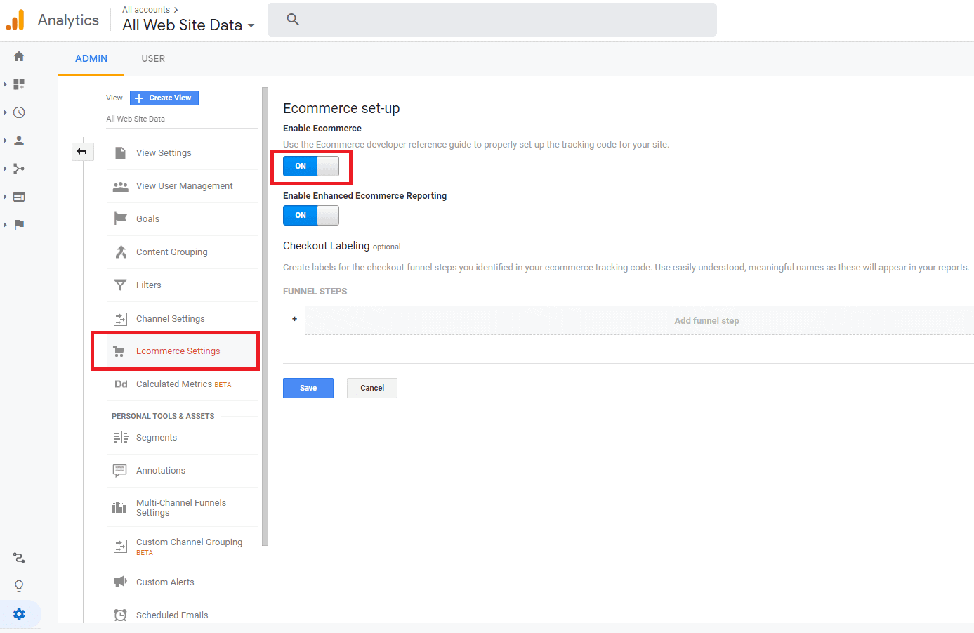 Google Analytics ecommerce settings