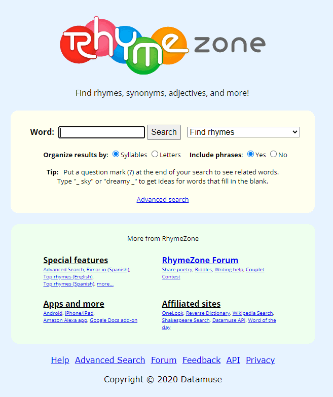 rhymezone web interface