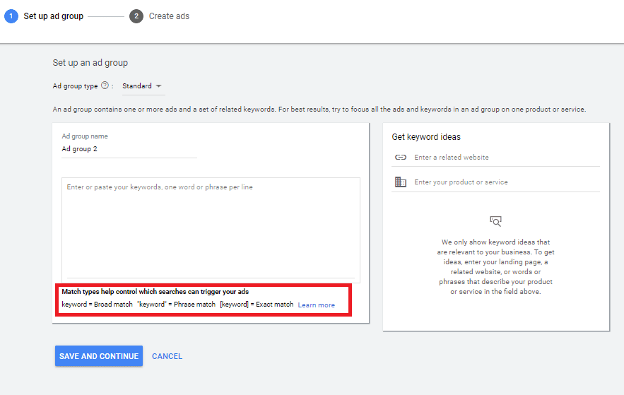 keyword match type in ad group