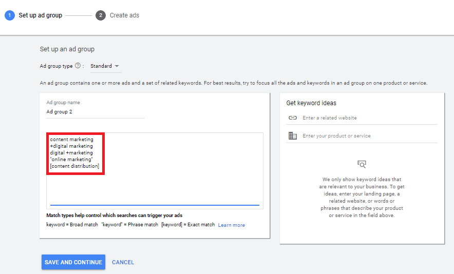 different keyword match type example