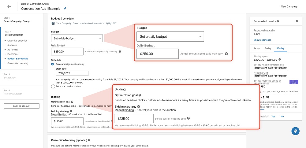 LinkedIn Manager with budget and bids