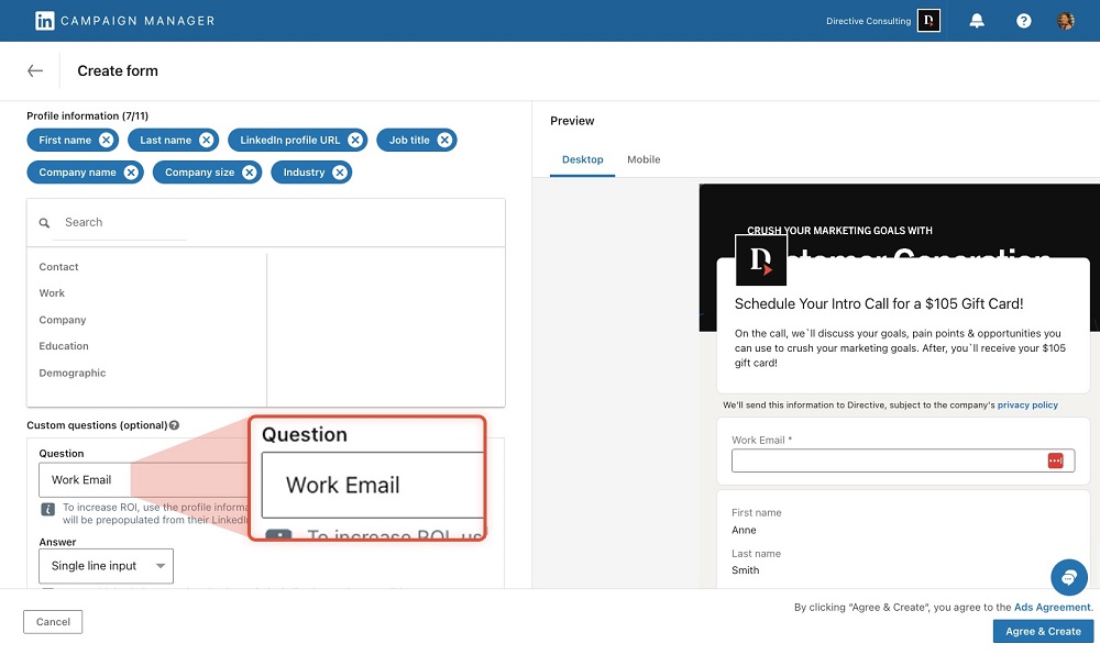 LinkedIn Message that shows manual field input for work email