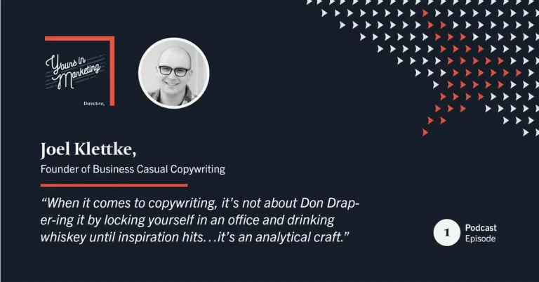 Graphic showing copywriting expert, Joel Klettke, and his guest appearance on Yours in Marketing.